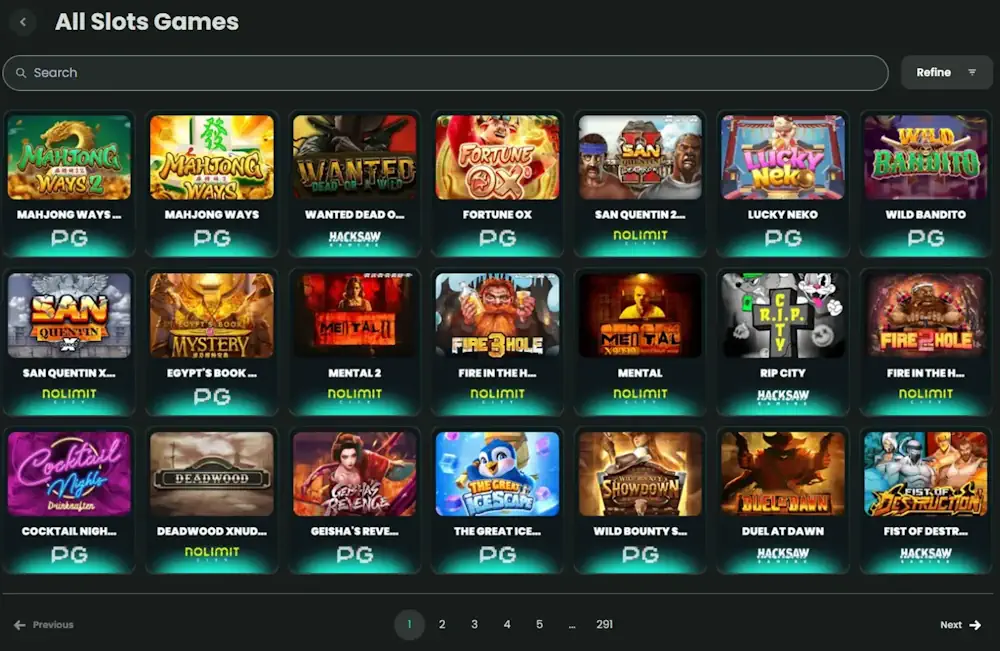 Crypto-first slot casino with USDT instant withdrawals and an 800-title Pragmatic Play/BGaming lobby